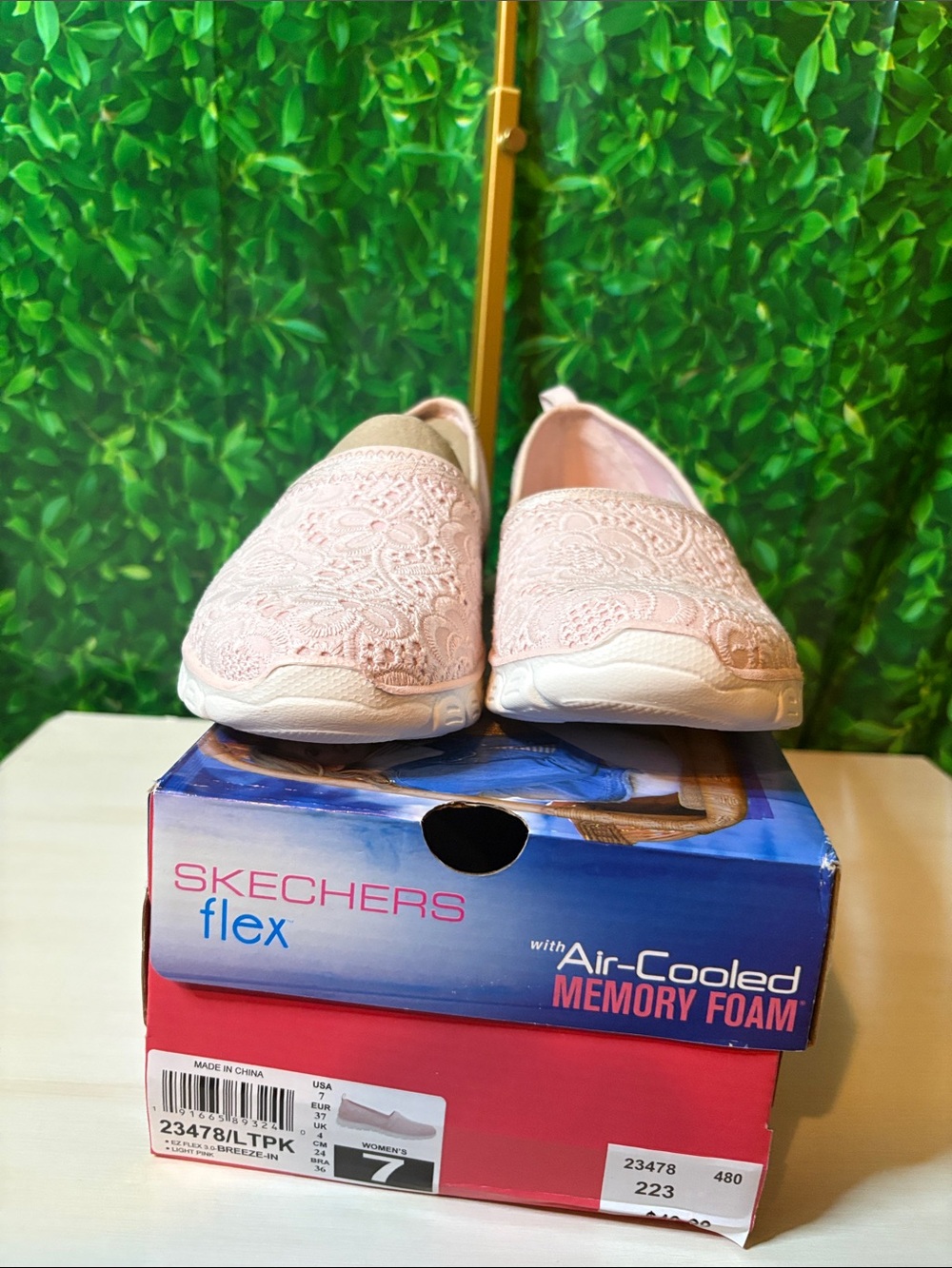 Skechers Pink Lace Slip-On Flats with Air-Cooled Memory Foam